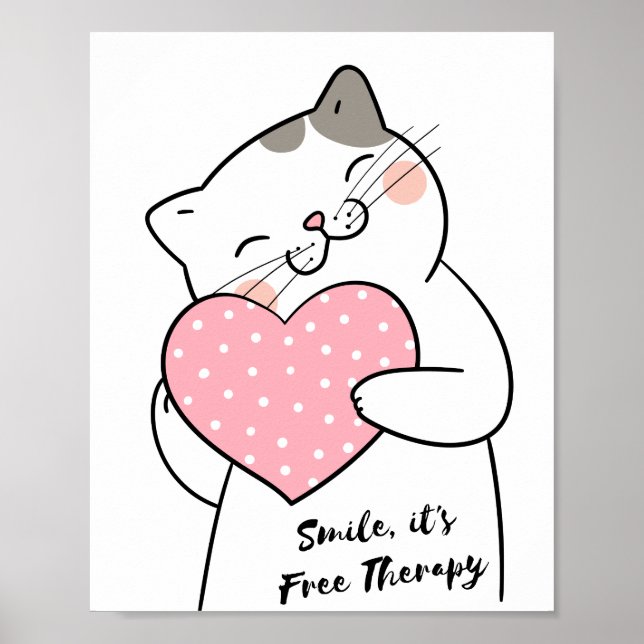 Cute Kawaii Cat Holding Heart Positive Sayings Poster (Front)