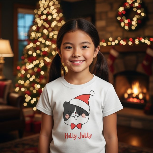 Cute Kawaii Cat Holly Jolly Girls T-Shirt (Creator Uploaded)