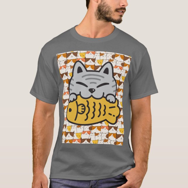 Cute Kawaii Cat Hugging Fish – Funny Cartoon Kitty T-Shirt (Front)