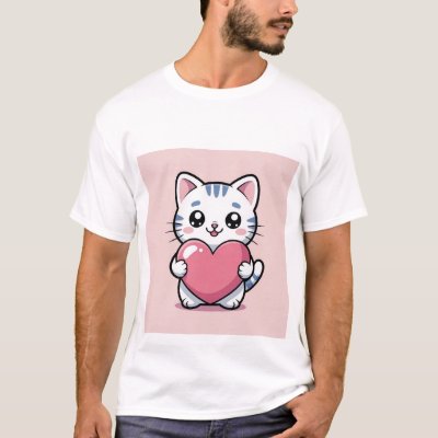 Cute Kawaii Cat Hugging Giant Pink Heart Sticker ✨ T-Shirt