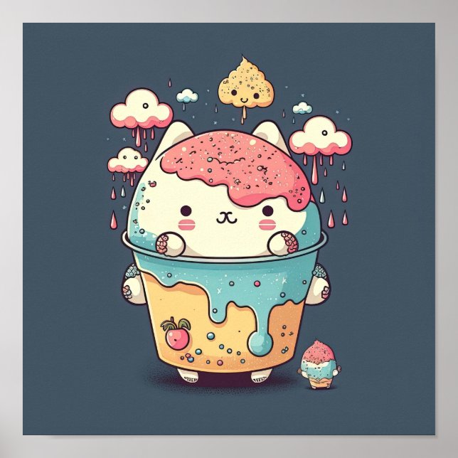 Cute kawaii cat ice cream in a cup poster (Front)