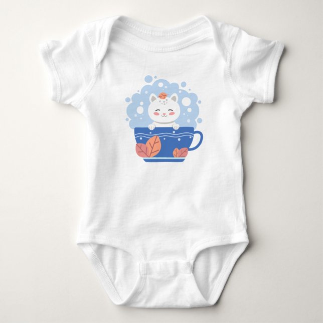 Cute Kawaii Cat in a Blue Teacup Baby Bodysuit (Front)