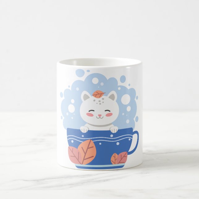 Cute Kawaii Cat in a Blue Teacup Coffee Mug (Center)