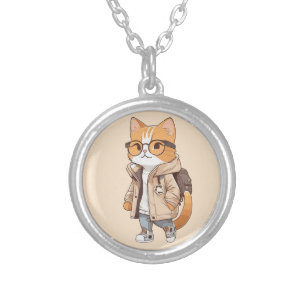 Cute Kawaii Cat in Stylish Outfit Silver Plated Necklace
