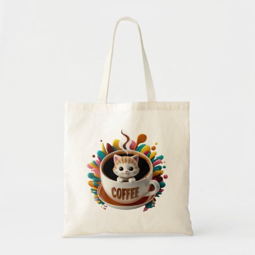 Cute Kawaii Cat in the Coffee Cup Tote Bag
