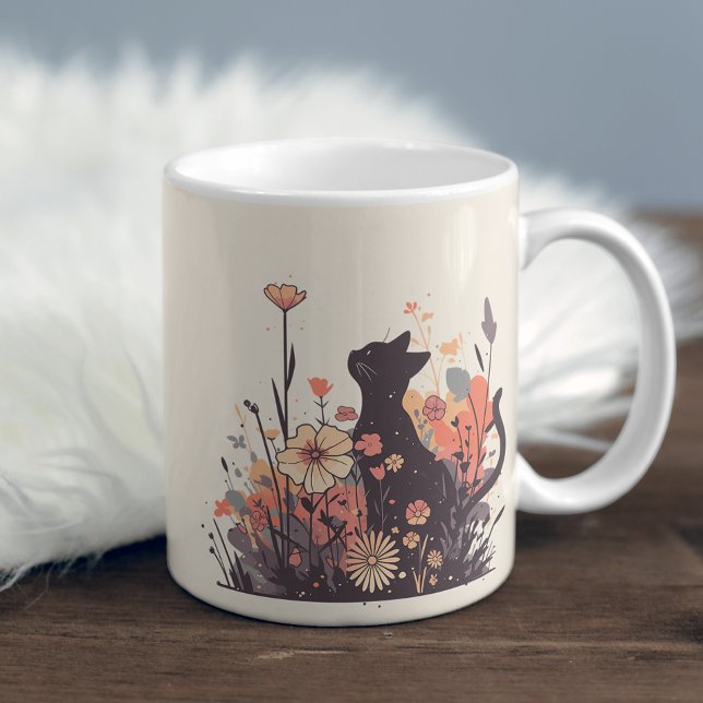 Cute Kawaii Cat in the Field Full of Flowers Coffee Mug (Creator Uploaded)