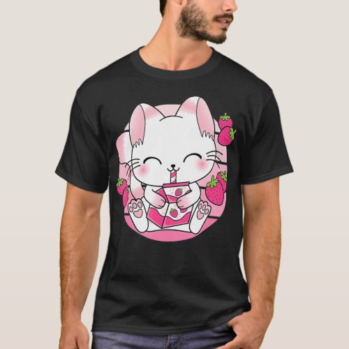 Cute Kawaii Cat Japanese Strawberry Milk Anime Nek T_Shirt