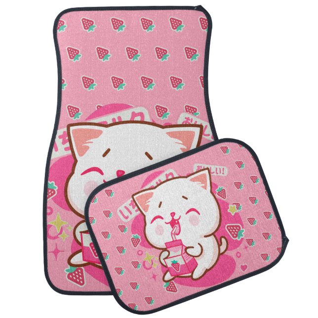 Cute Kawaii Cat Japanese Strawberry Milk Car Floor Mat (Set)