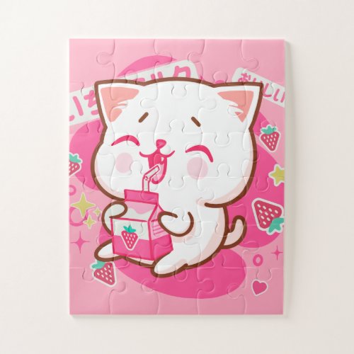 Cute Kawaii Cat Japanese Strawberry Milk Jigsaw Puzzle