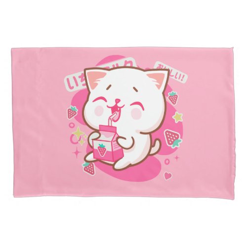 Cute Kawaii Cat Japanese Strawberry Milk Pillow Case