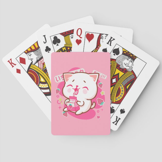 Cute Kawaii Cat Japanese Strawberry Milk Poker Cards (Back)