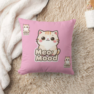 Cute Kawaii Cat Meow Mood Pink Throw Pillow