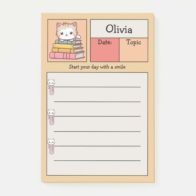 Cute Kawaii Cat On Books Personalized Post-it Notes (Front)