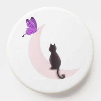 Cute Kawaii Cat on Crescent Moon Purple Butterfly PopSocket