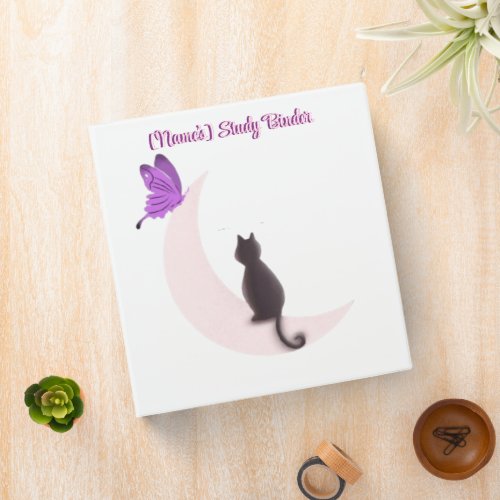 Cute Kawaii Cat on Moon with Butterfly Custom 3 Ring Binder