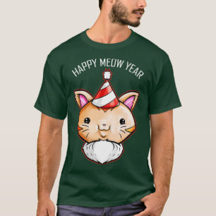 Cute Kawaii Cat Party Hat Happy Meow New Year T-Shirt