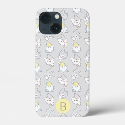 Cute Kawaii Cat Pattern Grey Yellow Monogram iPhone 13 Mini Case