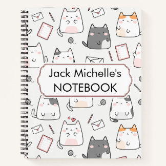 Cute Kawaii Cat Pattern in White Pink & Gray Notebook