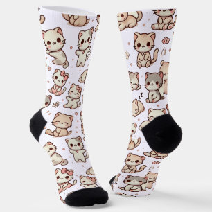 Cute Kawaii Cat Pattern Stickers – Playful Pastel Socks