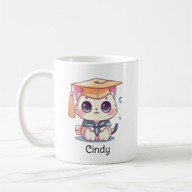 Cute Kawaii Cat Personalized Graduation Coffee Mug (Left)