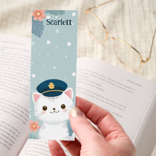 Cute Kawaii Cat Pilot Floral Personalized Bookmarks (Hand)