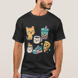Cute Kawaii Cat, Pizza, Bubble Tea & Coffee – Fun T-Shirt