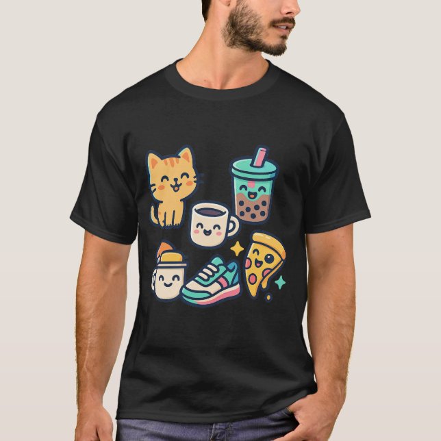 Cute Kawaii Cat, Pizza, Bubble Tea & Coffee – Fun  T-Shirt (Front)