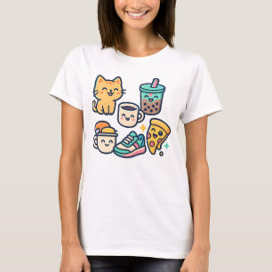 Cute Kawaii Cat, Pizza, Bubble Tea & Coffee – Fun T-Shirt