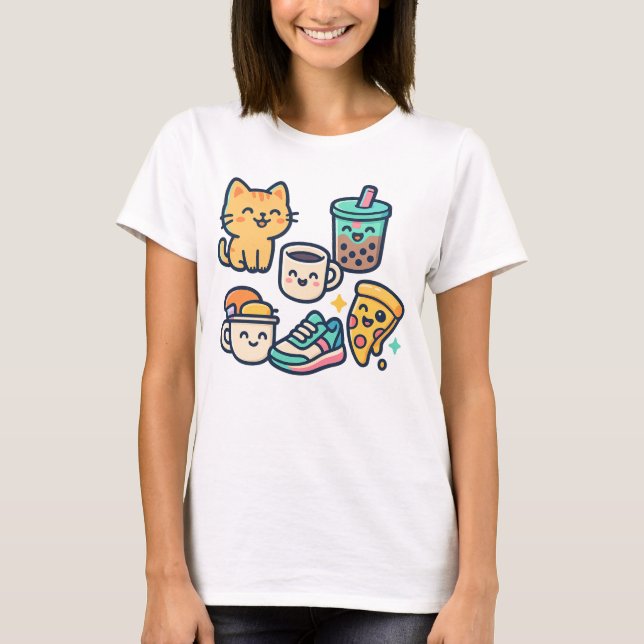 Cute Kawaii Cat, Pizza, Bubble Tea & Coffee – Fun  T-Shirt (Front)