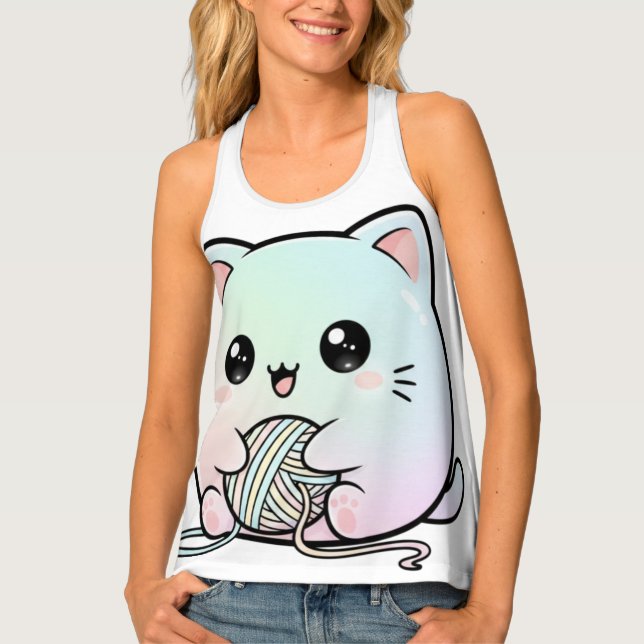 Cute Kawaii Cat Playing with Yarn 🧶🐱 | Pastel  Tank Top (Front)