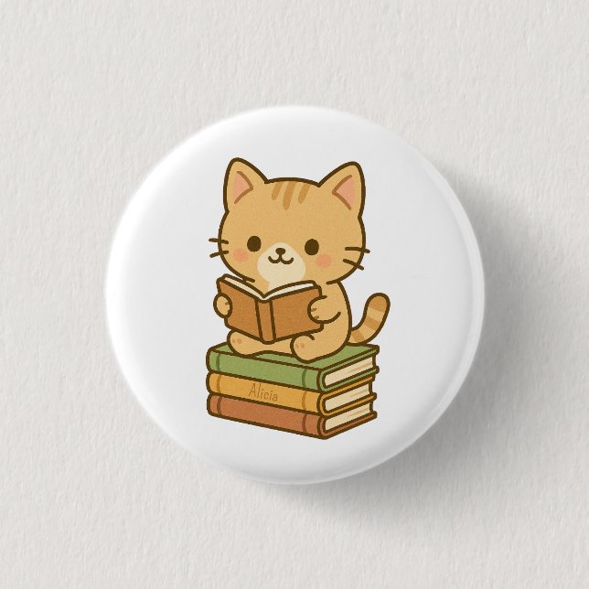 Cute Kawaii Cat Reading a Book Button (Front)
