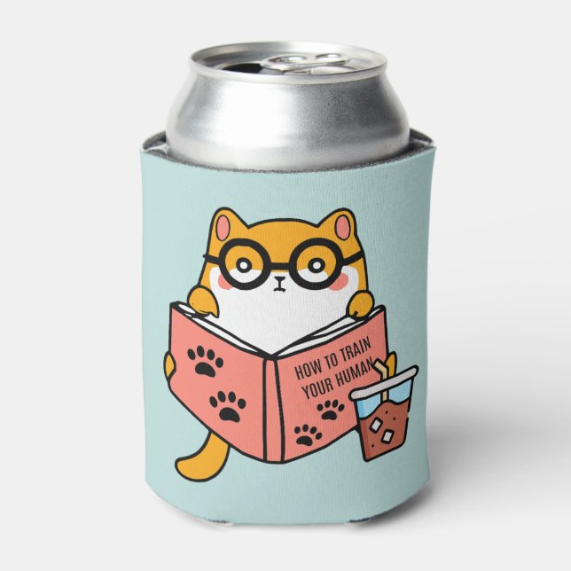 Cute Kawaii cat reading a book Can Cooler (Can Front)