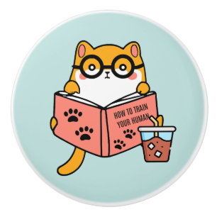 Cute Kawaii cat reading a book Ceramic Knob