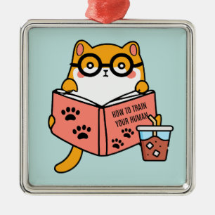 Cute Kawaii cat reading a book Metal Ornament