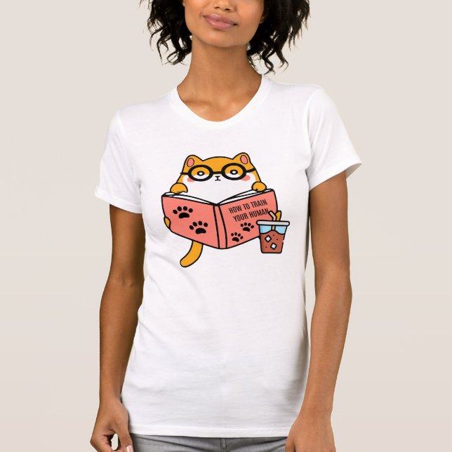 Cute Kawaii cat reading a book T-Shirt (Front)