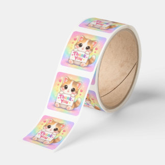 Cute Kawaii Cat Thank You Sticker with Pastel Rain
