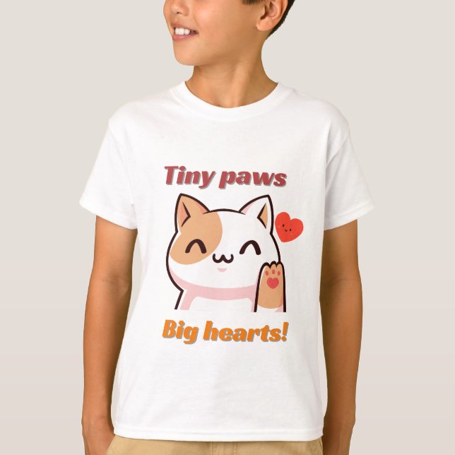 Cute Kawaii Cat “Tiny Paws Big Hearts” T- shirt (Front)