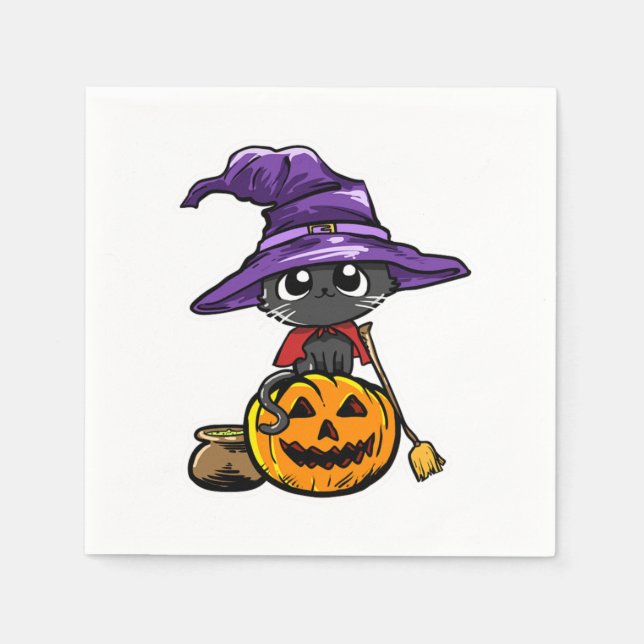 Cute Kawaii Cat Witch Pumpkin Halloween Cat Lover Napkins (Front)