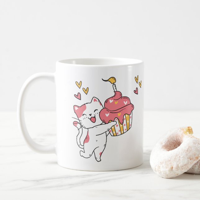 Cute Kawaii cat with cupcake  Coffee Mug (With Donut)