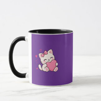 Cute Kawaii Cat with Pink Heart Mug