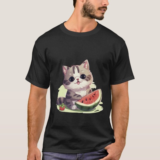 Cute Kawaii Cat with Watermelon Summer Art ✨🐾🍉 T-Shirt (Front)