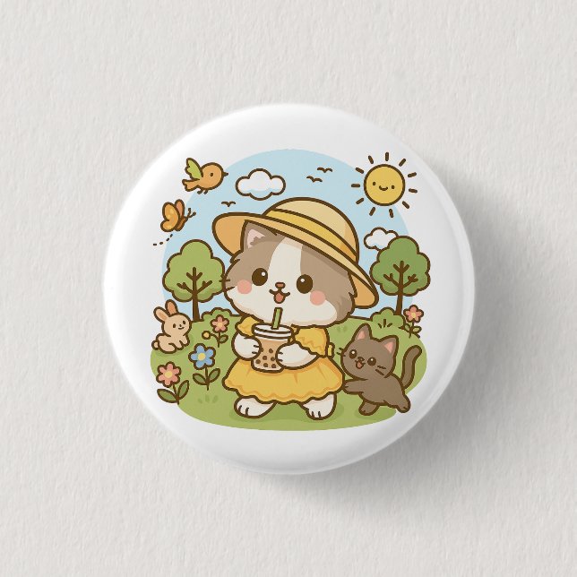 Cute Kawaii Cat Yellow Dress Drinking Bubble Tea Button (Front)