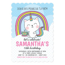 Cute Kawaii Catcorn Cat Unicorn Tea Party Invitation