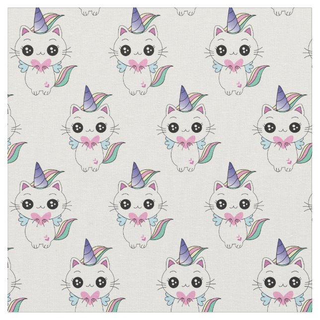 Cute Kawaii Caticorn Unicorn Pattern Fabric (Close Up)