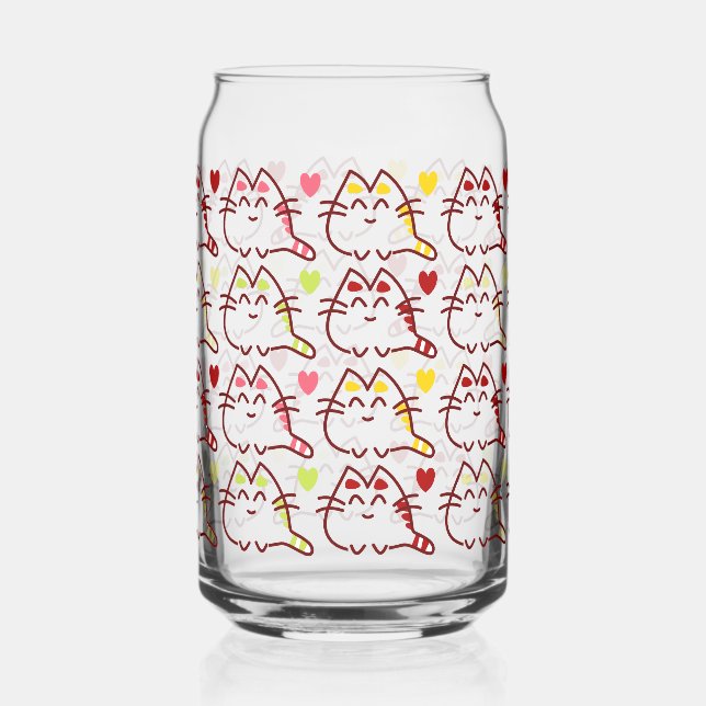 Cute Kawaii Cats and Hearts Pattern Can Glass (Front)