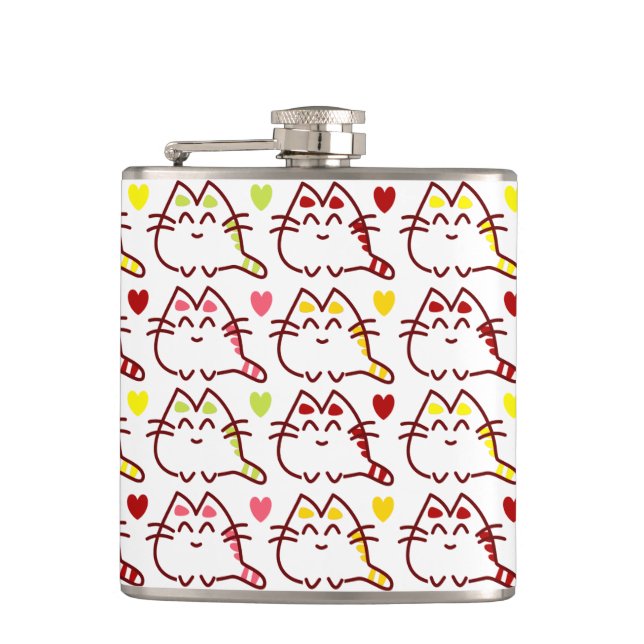 Cute Kawaii Cats and Hearts Pattern Flask (Front)