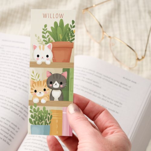 Cute Kawaii Cats Bookshelf Plants Personalized Bookmarks