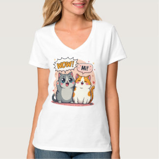 Cute Kawaii Cats Comic Saying Wow and Hi V-Neck T- T-Shirt