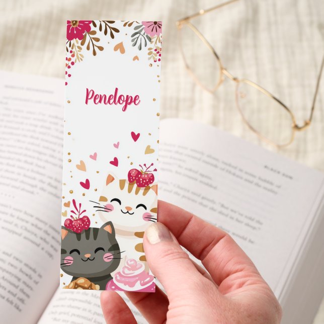Cute Kawaii Cats Cupcakes Floral Personalized Bookmarks (Hand)