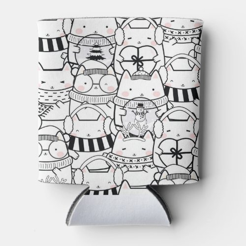 Cute Kawaii Cats in Black and White with Pink  Can Cooler